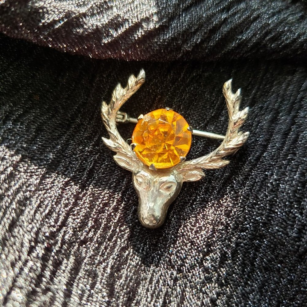 Vintage Sterling Silver Scottish Deer Stag With Orange Crystal Stone Bro…